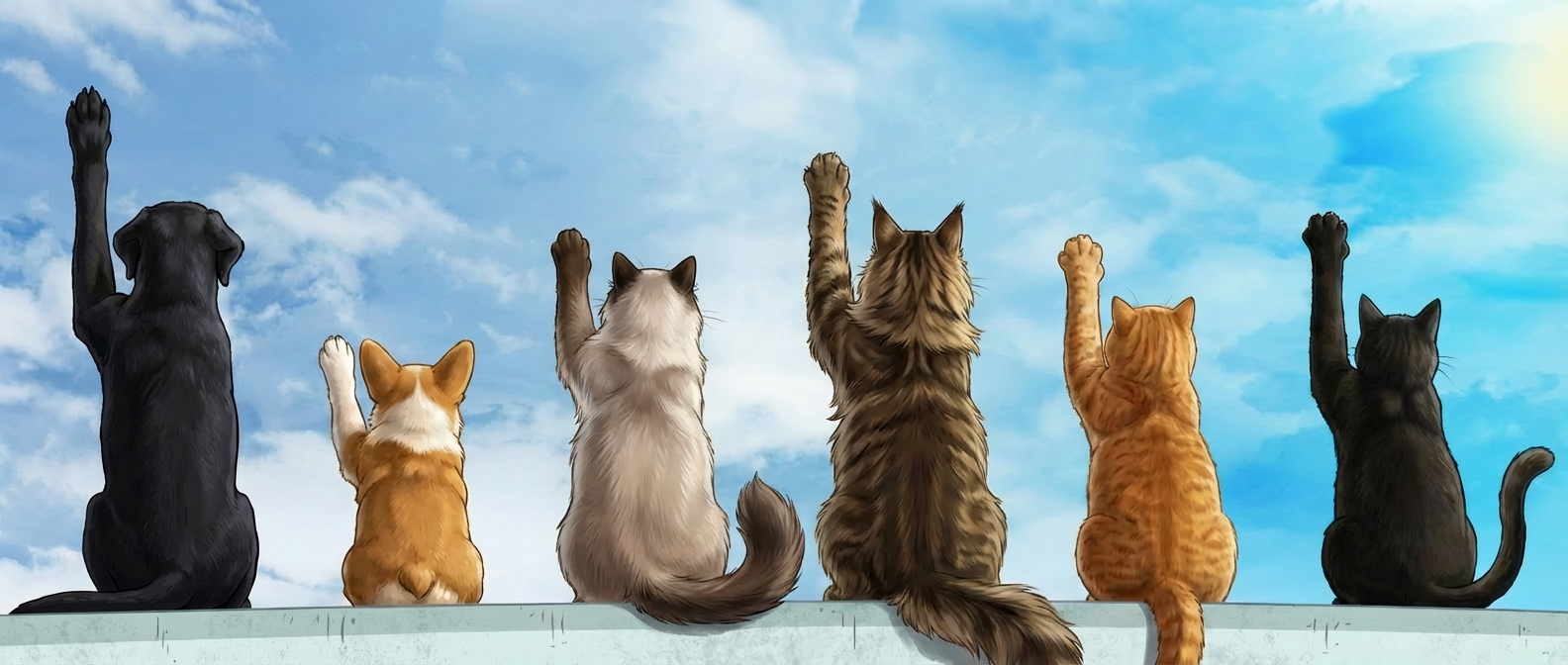 Illustration of pets raising paws to the sky, symbolizing the Claw Dance mission to set a higher standard for cat essentials.