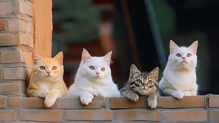 Four cats looking confidently over a wall, symbolizing the Claw Dance mission to set a higher standard for safe and reliable cat essentials.